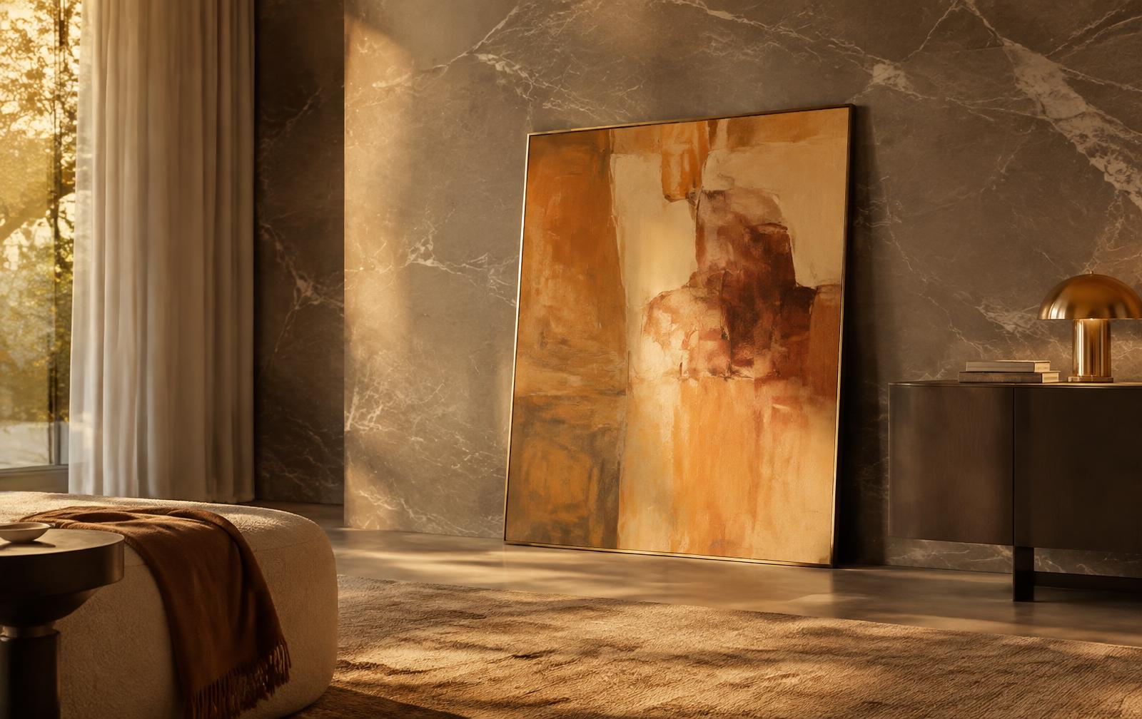 Abstract painting against a grey marble wall